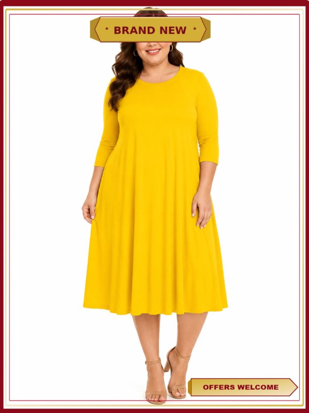 Women's Plus Size Casual 3/4 Sleeve A-Line Pleated Solid Midi Dress